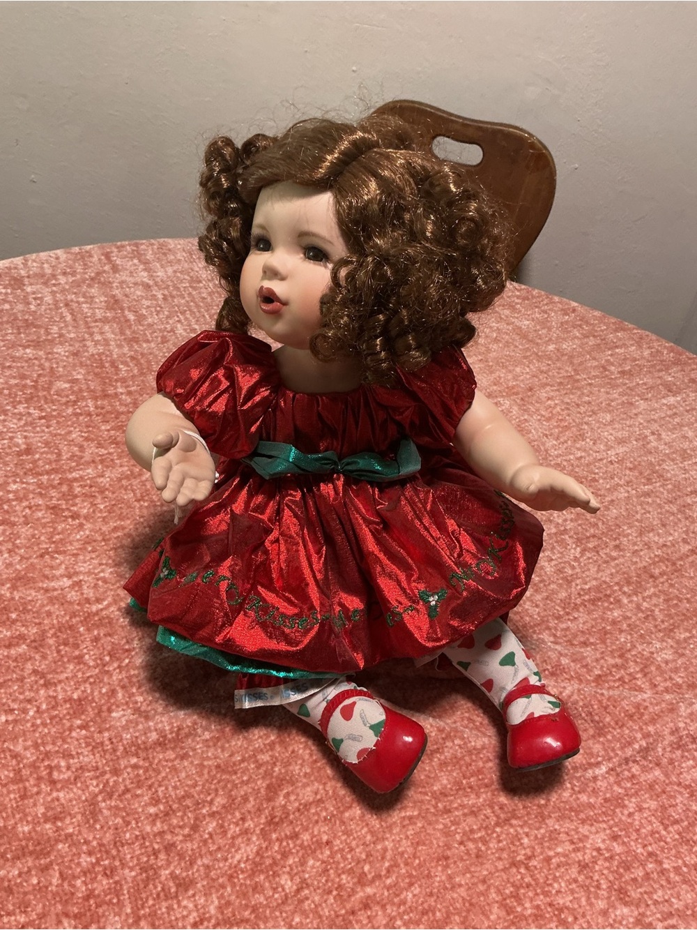 Holiday Red Dress Baby Doll with Curly Brown Hair